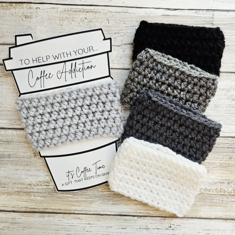 Handmade Crochet Coffee Sleeve Set 6 BLACK AND GREYS - Picture 1 of 4
